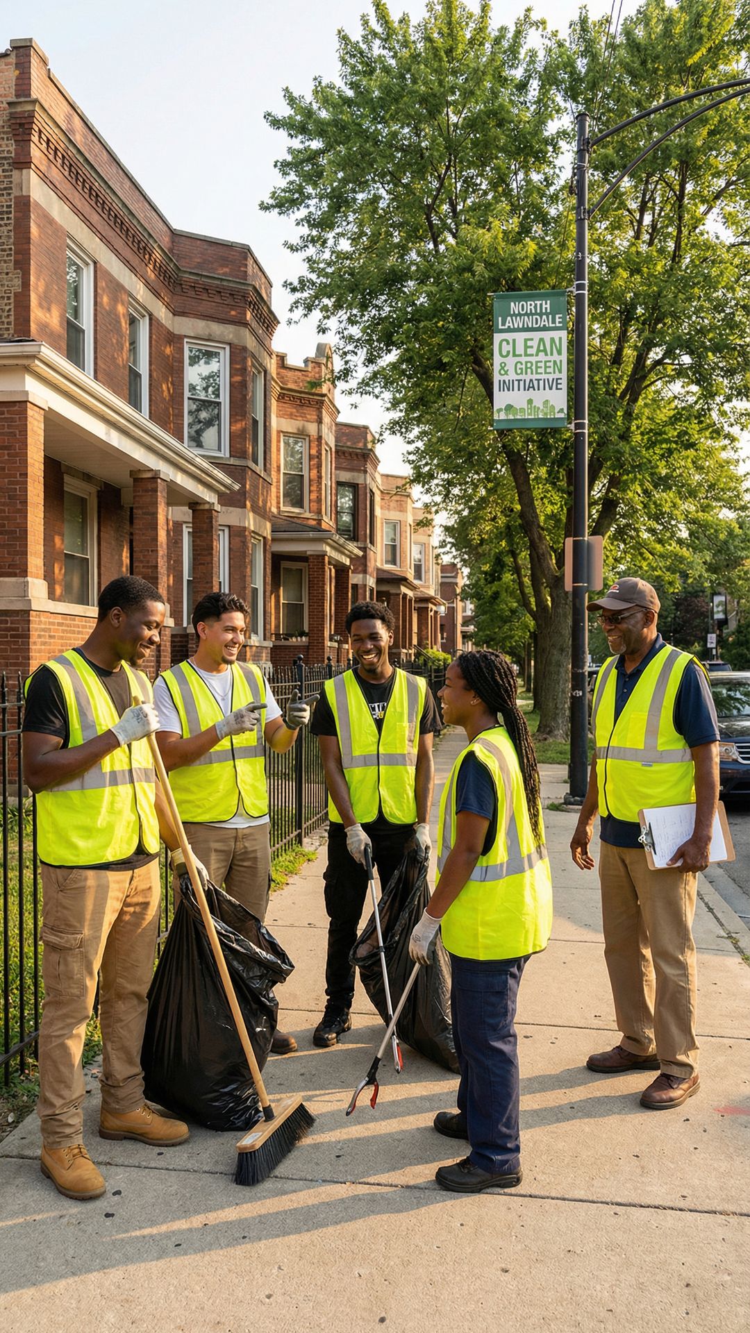 Young Black and Latino workers cleaning North Lawndale streets with elder supervisor